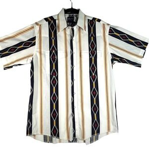 Vintage 90s Wrangler Western Aztec Pearl Snap Short Sleeve Shirt Size L